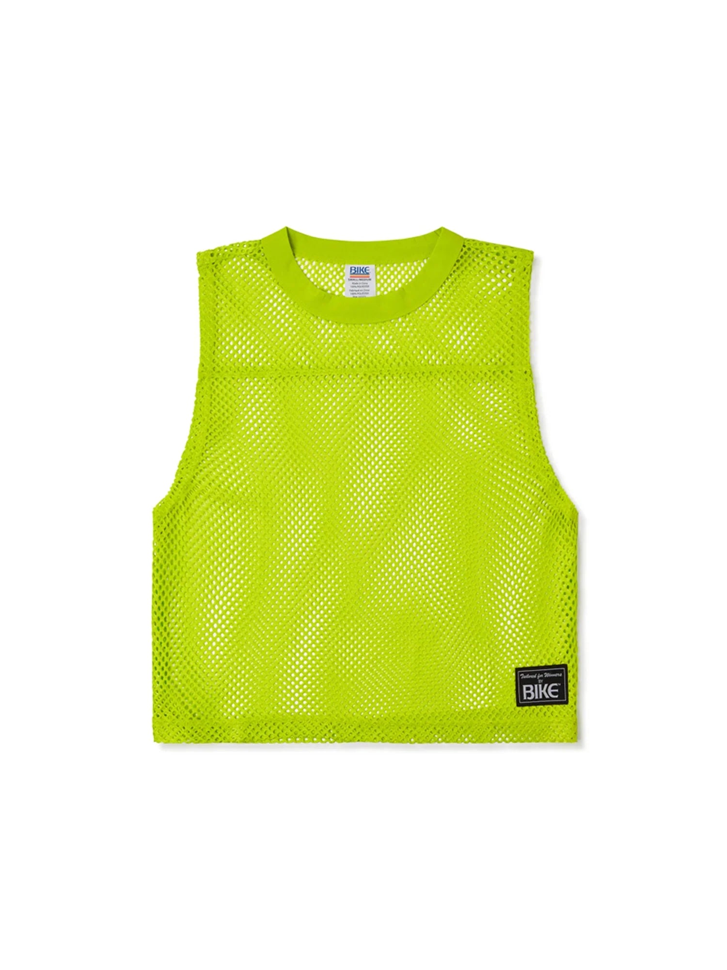 Bright neon green mesh bike sleeveless practice jersey with a black bike patch on the lower right side