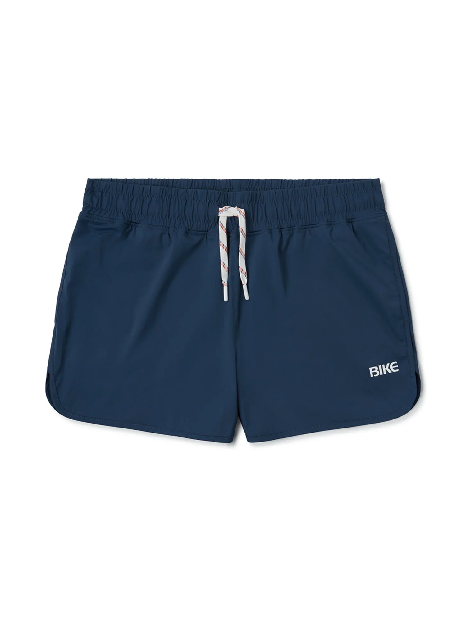 Navy blue bike track short with white drawstring and bike logo on the side designed for athletic use