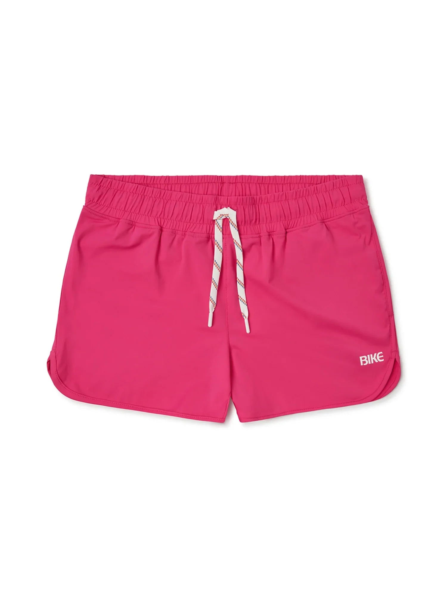 Bright pink bike® track short with white drawstring and subtle bike branding for athletic wear