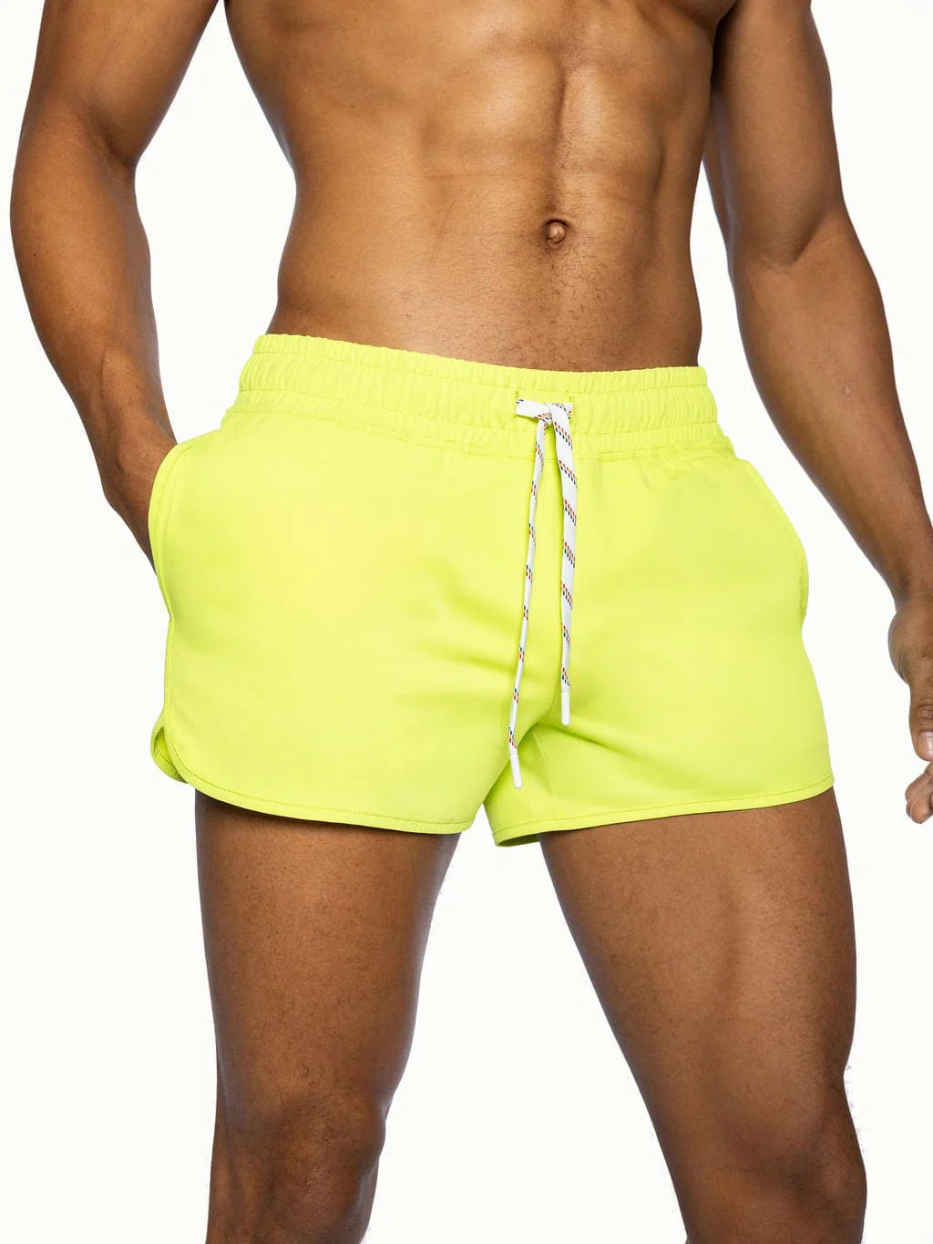 Bright neon yellow bike track short with white drawstring designed for athletic use and comfort