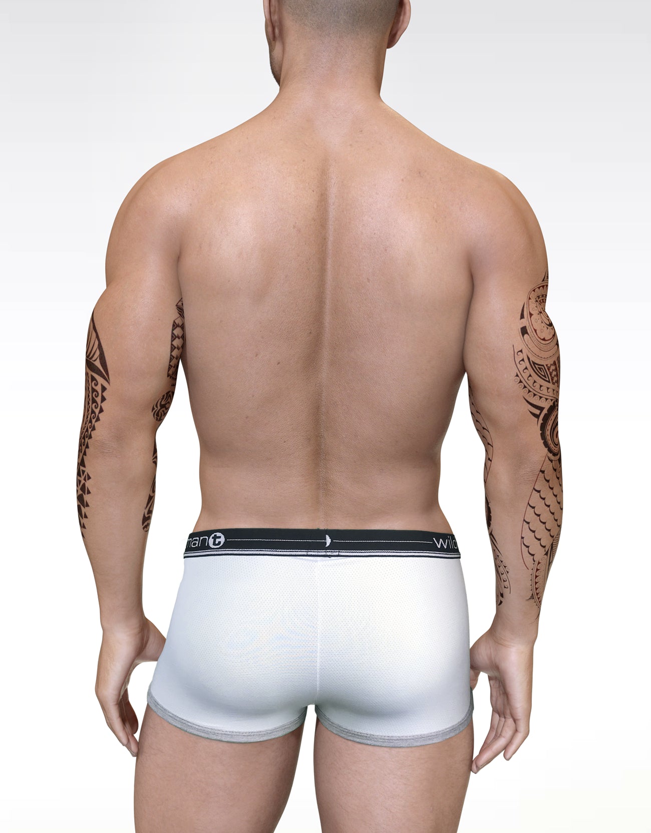 Rear view of a man wearing white Duo Big Boy Pouch boxer briefs with a black branded waistband and grey trim.