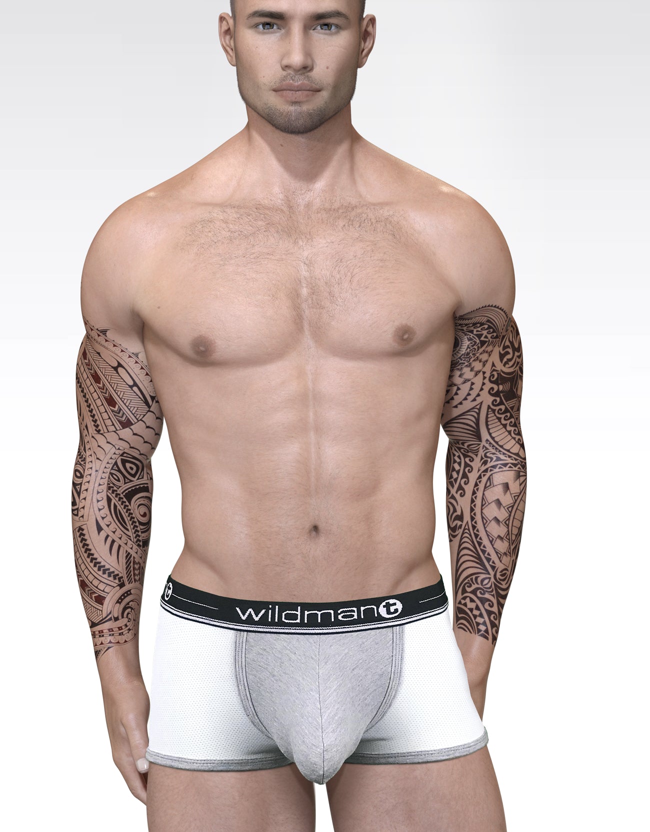 Duo Big Boy pouch boxer briefs in white and heather grey with a "wildmant" branded elastic waistband.