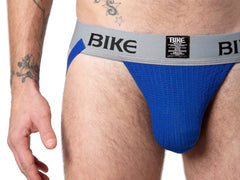 Blue bike classic jockstrap briefs with gray waistband black lettering and small label showing front side