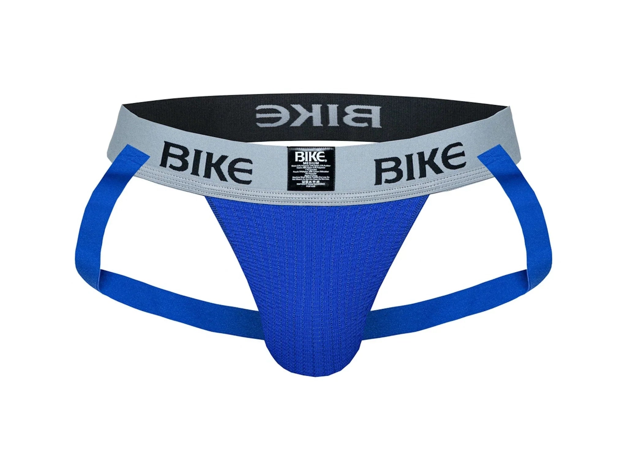 Blue bike brand athletic briefs with gray and black waistband featuring bold bike logo in bike classic jockstrap design