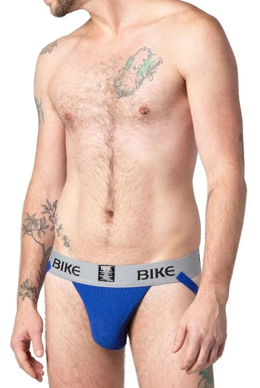 Blue bike briefs with gray waistband featuring bike logo in black from BIKE classic jockstrap collection