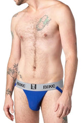 Blue bike briefs with gray waistband featuring bike logo in black from BIKE classic jockstrap collection