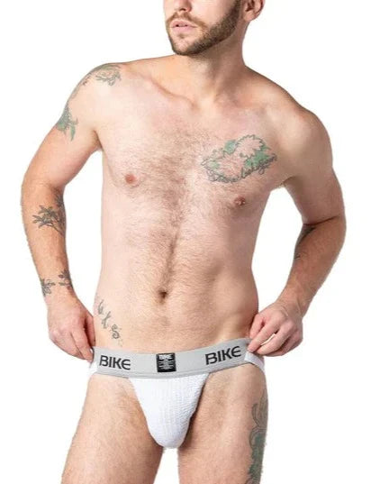 White textured bike briefs with gray waistband and bike branding from the bike classic jockstrap collection