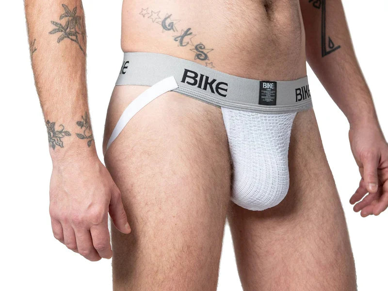 White mesh bike brief with gray bike branded waistband in the BIKE Classic jockstrap product line