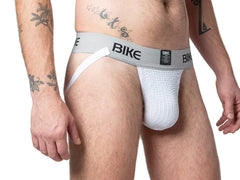 White mesh bike brief with gray bike branded waistband in the BIKE Classic jockstrap product line
