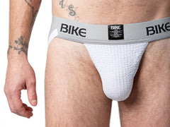 White textured athletic brief with gray waistband and black bike branding in the bike classic jockstrap design