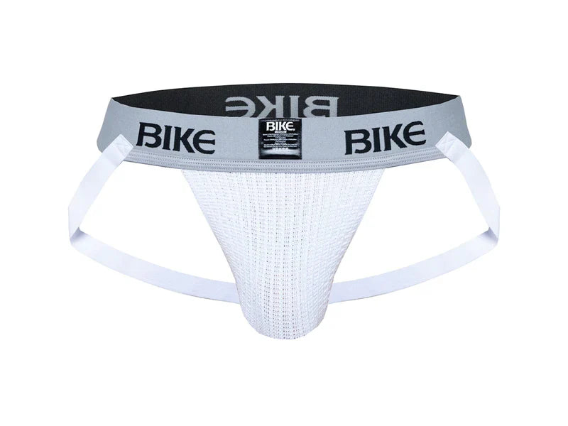 White textured bike brief with gray waistband and black bike branding in bike classic jockstrap product