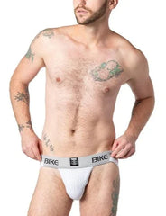 White textured bike briefs with gray waistband and bike branding from the bike classic jockstrap collection