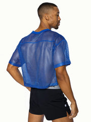 Blue mesh short-sleeved crop top with solid blue collar and hem from BIKE practice jersey collection