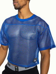 Bike practice jersey blue mesh crop top with solid blue ribbed neckline and sleeve cuffs for active wear