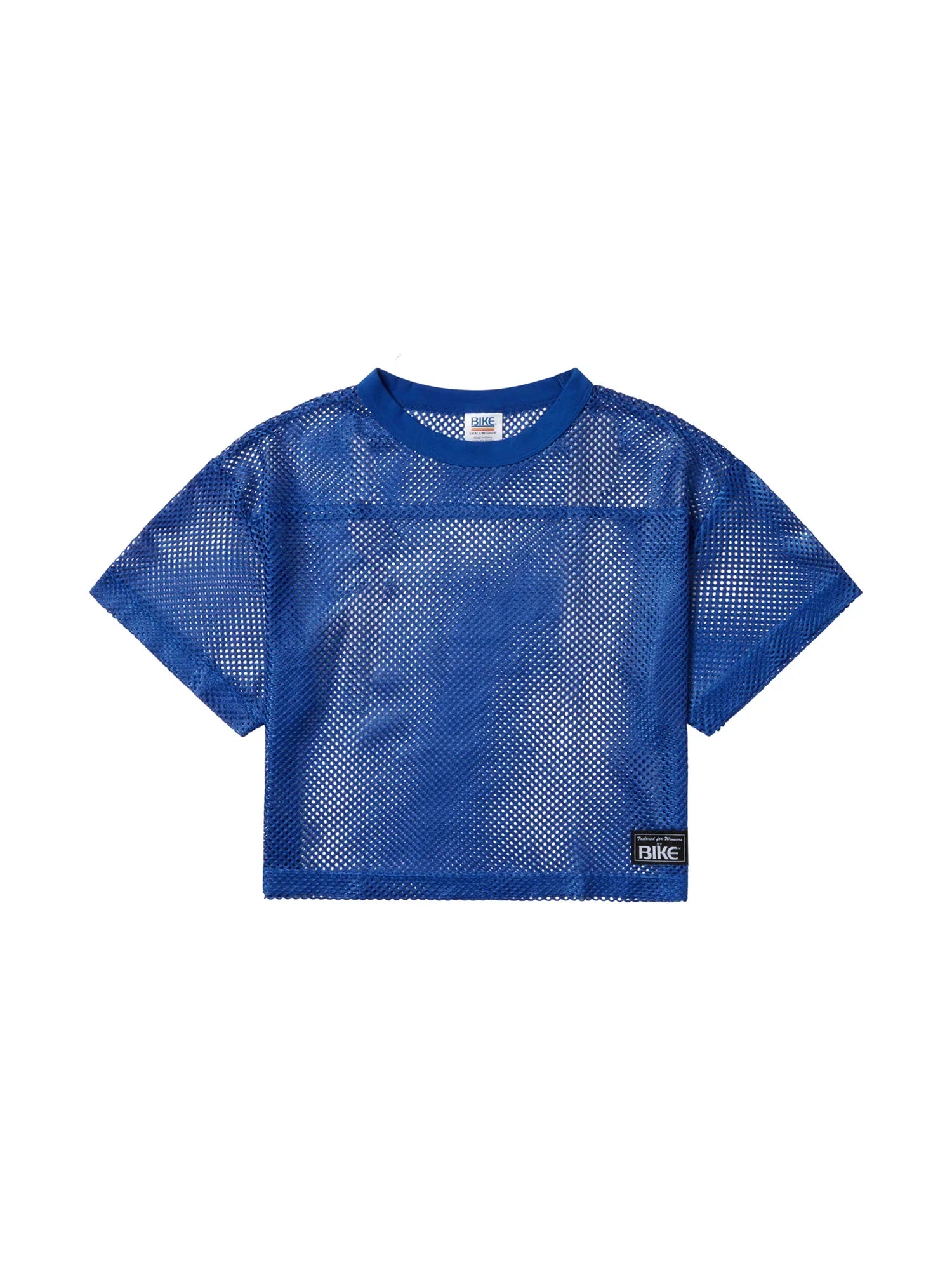 Blue mesh crop top with short sleeves and crew neck featuring black brand labels from BIKE practice jersey
