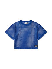 Blue mesh crop top with short sleeves and crew neck featuring black brand labels from BIKE practice jersey