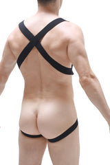 Back view of petitq bodyjockstrap black ardun with black elastic straps in a crisscross minimalist design