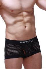 Black mesh briefs with white petitq logo on waistband from petitq boxer rabol durtol collection
