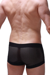 PetitQ boxer rabol durtol black mesh briefs with solid black waistband and leg openings, front view