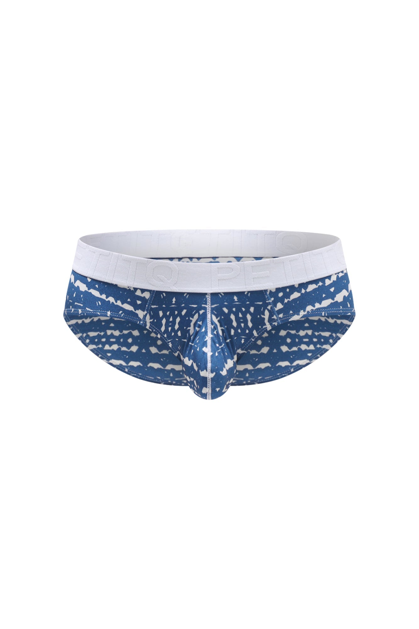 PetitQ Brief Dome New Denim men’s briefs in blue and white patterned fabric with a solid white waistband