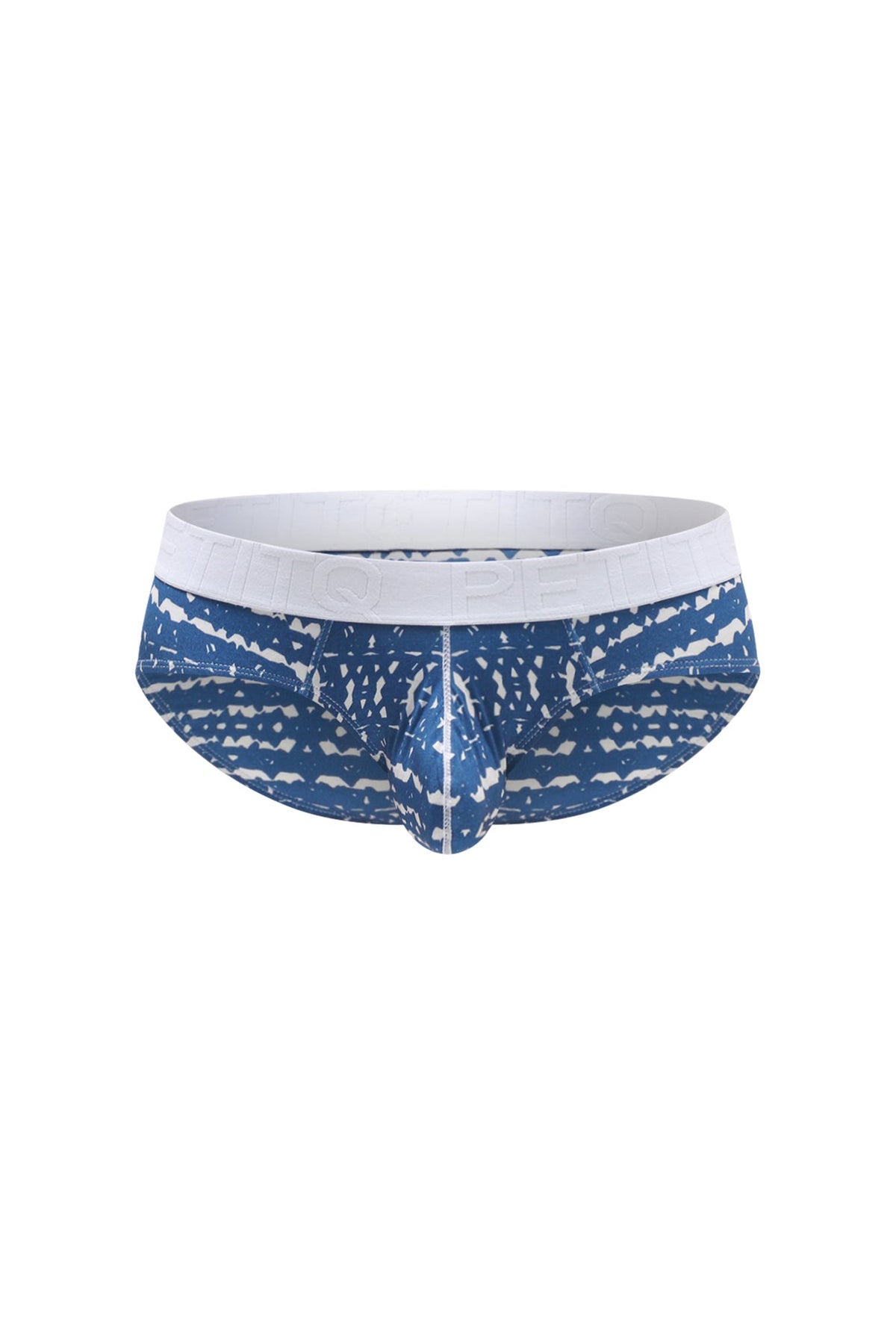 PetitQ Brief Dome New Denim men’s briefs in blue and white patterned fabric with a solid white waistband