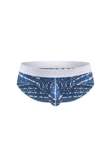 PetitQ Brief Dome New Denim men’s briefs in blue and white patterned fabric with a solid white waistband