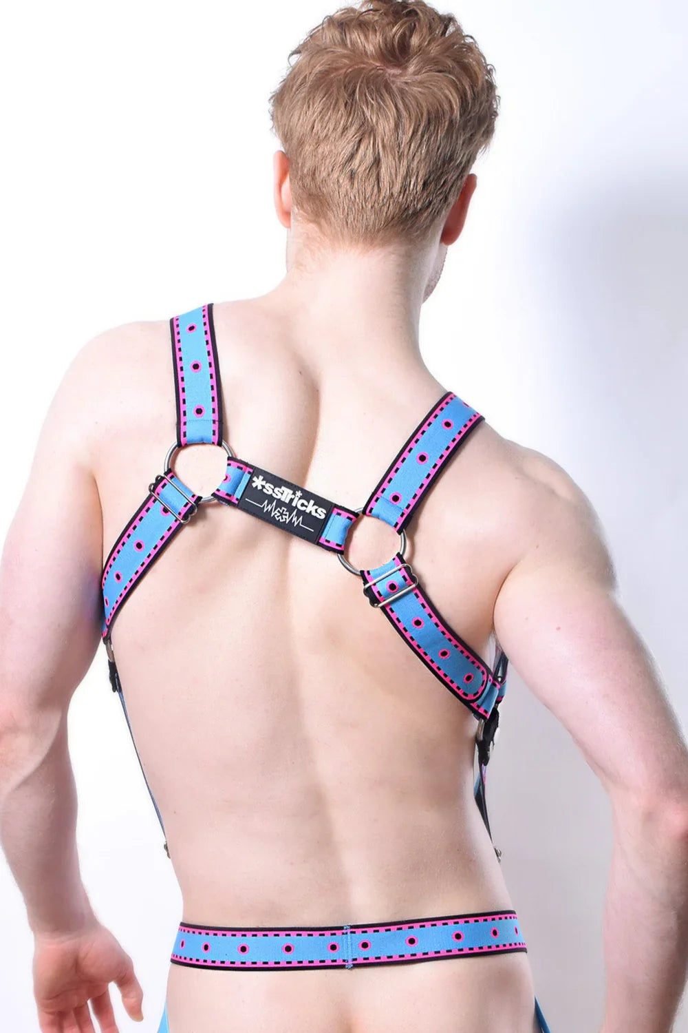 Comicaze harness blue polka-dotted leather harness with black metal rings and branded label front view