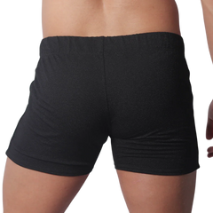 Back view of black form-fitting athletic shorts with a textured fabric and elastic waistband.