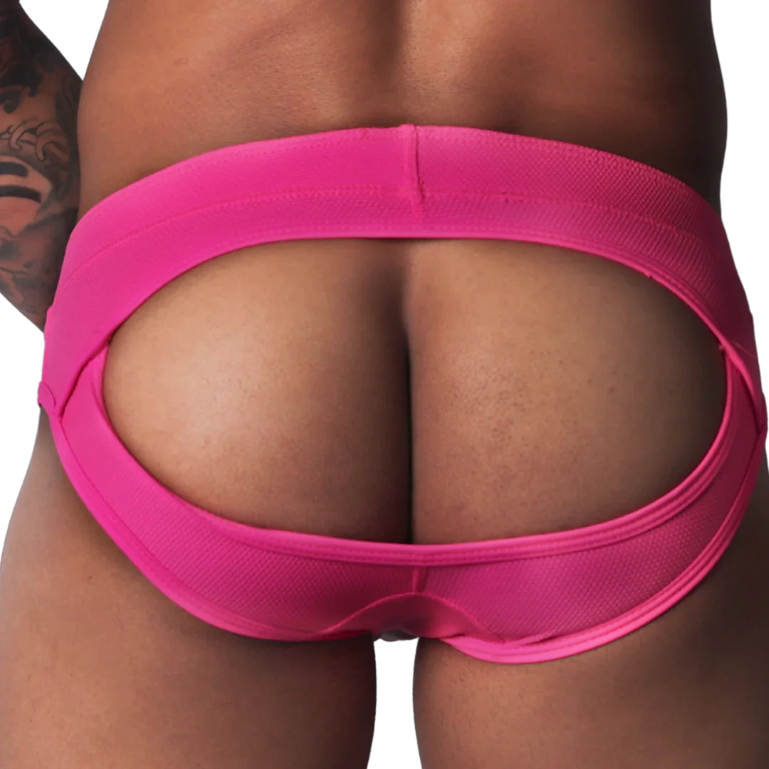 Fuchsia-colored jockstrap made of textured fabric, featuring a wide, open-back cutout design.
