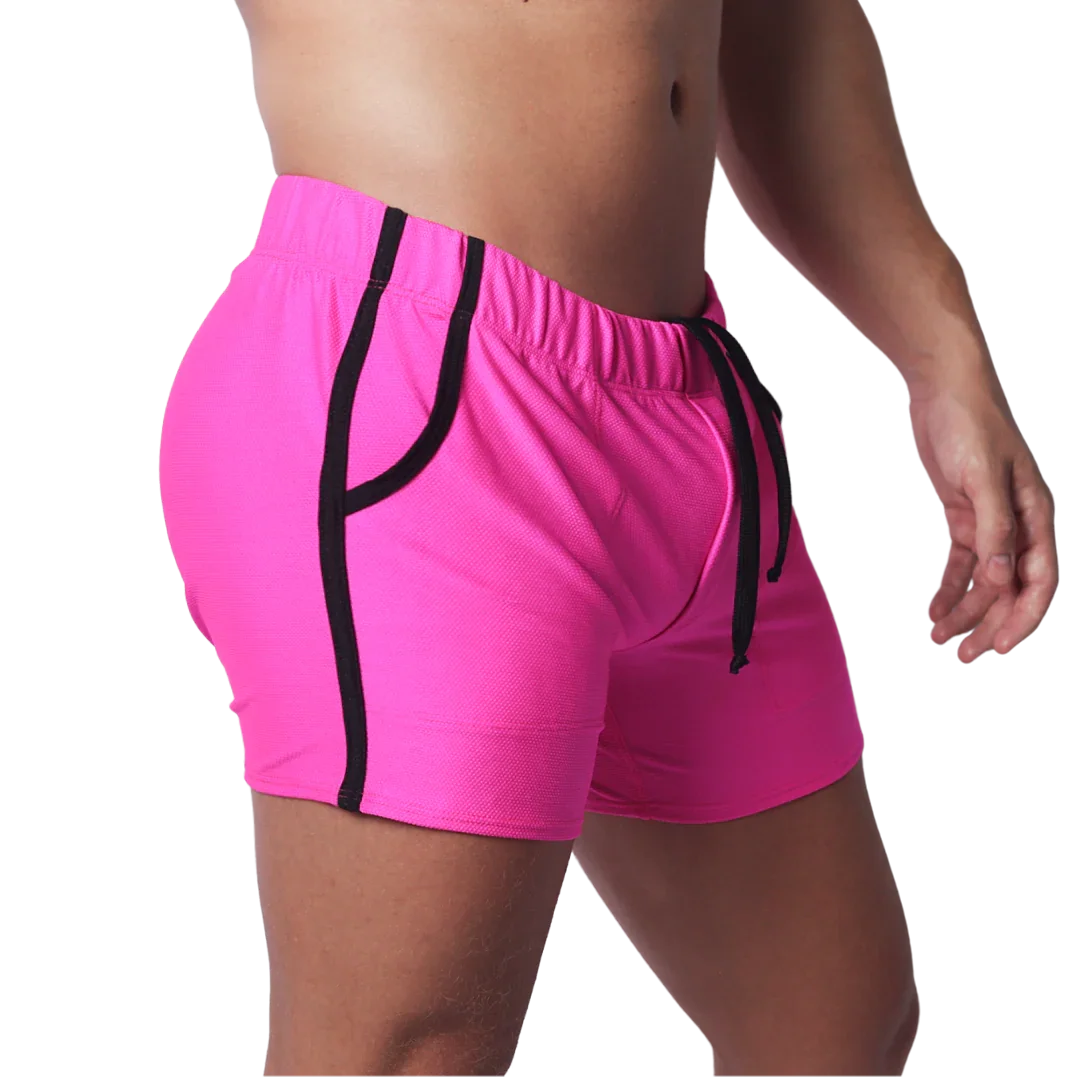 Fuchsia mesh athletic shorts with black trim along the pockets and sides, featuring an elastic drawstring waistband.