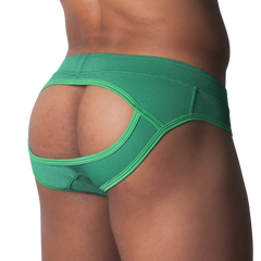 Green textured open-back jockstrap with wide elastic waistband and reinforced trim.