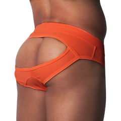Bright orange jockstrap in textured athletic mesh with a wide waistband and an open-back design.