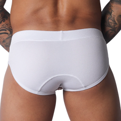 White textured mesh brief with a wide waistband and stitched rear panel detail.