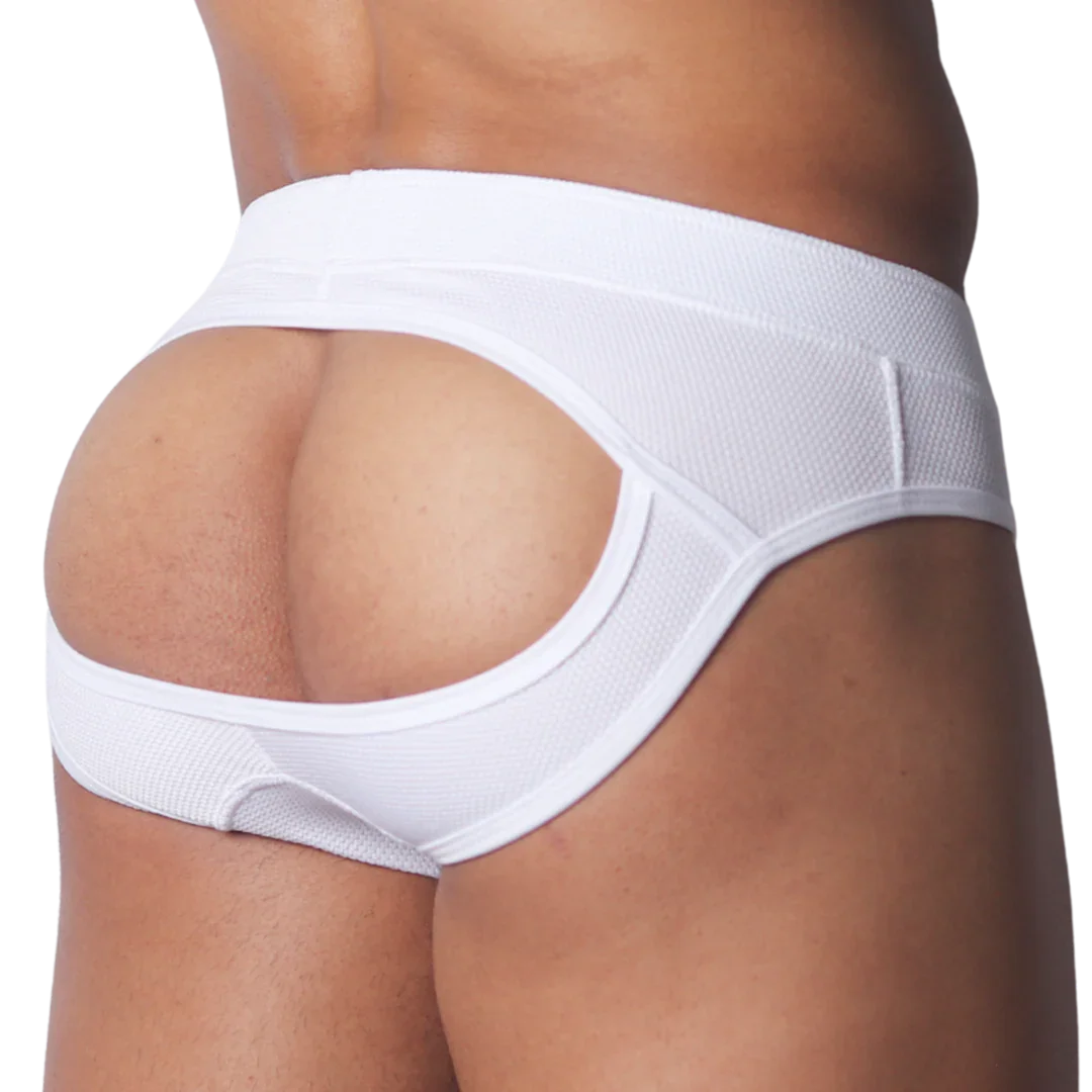 White open-back jockstrap in textured mesh fabric featuring a wide waistband and supportive contoured straps.