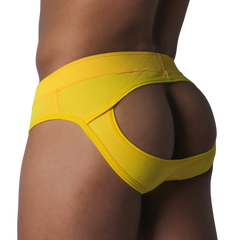 Bright yellow mesh jockstrap with a wide waistband and open-back cutout design.