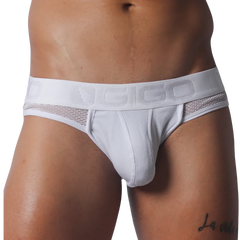 White ribbed jockstrap with breathable mesh side panels and a wide elastic waistband featuring the Gigo logo.