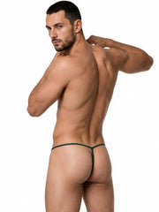 Rear view of a male model wearing bottle green mini G-string underwear with thin straps by CandyMan