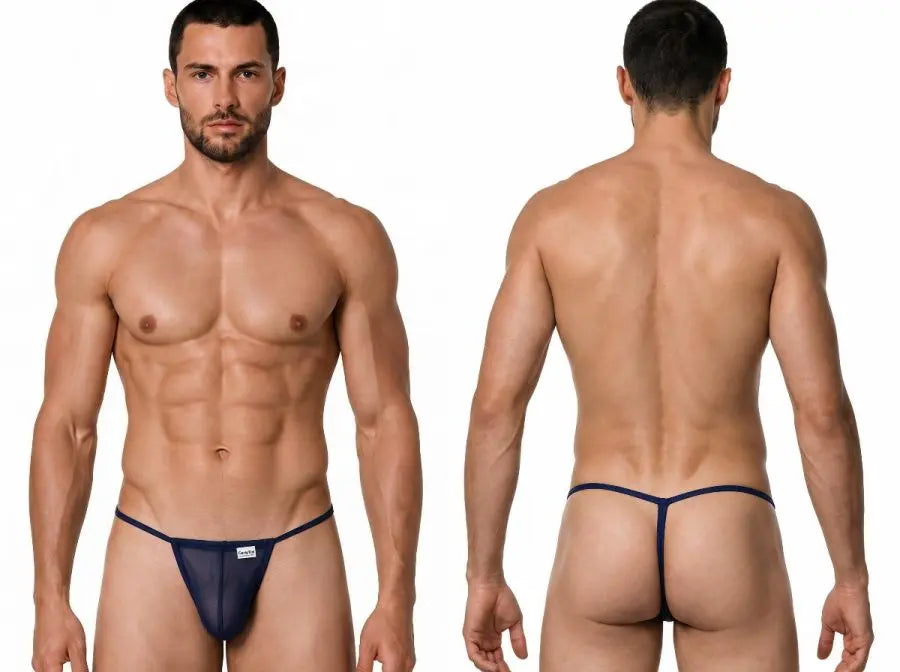 CandyMan dark blue mesh mini G-string men's underwear shown front and back on a male model with a bare chest and muscular build