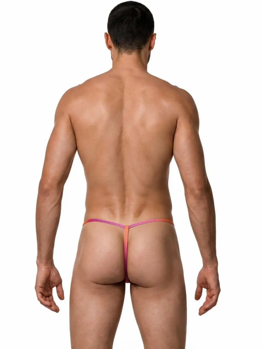 Back view of a man wearing a pink and orange mini G-string thong underwear by CandyMan on a white background