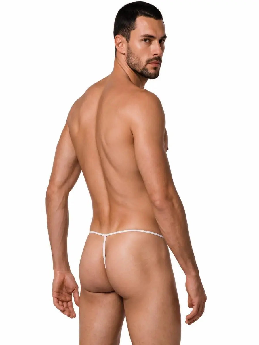 Rear view of a male model wearing white mini G-string underwear with thin straps by CandyMan against a white background
