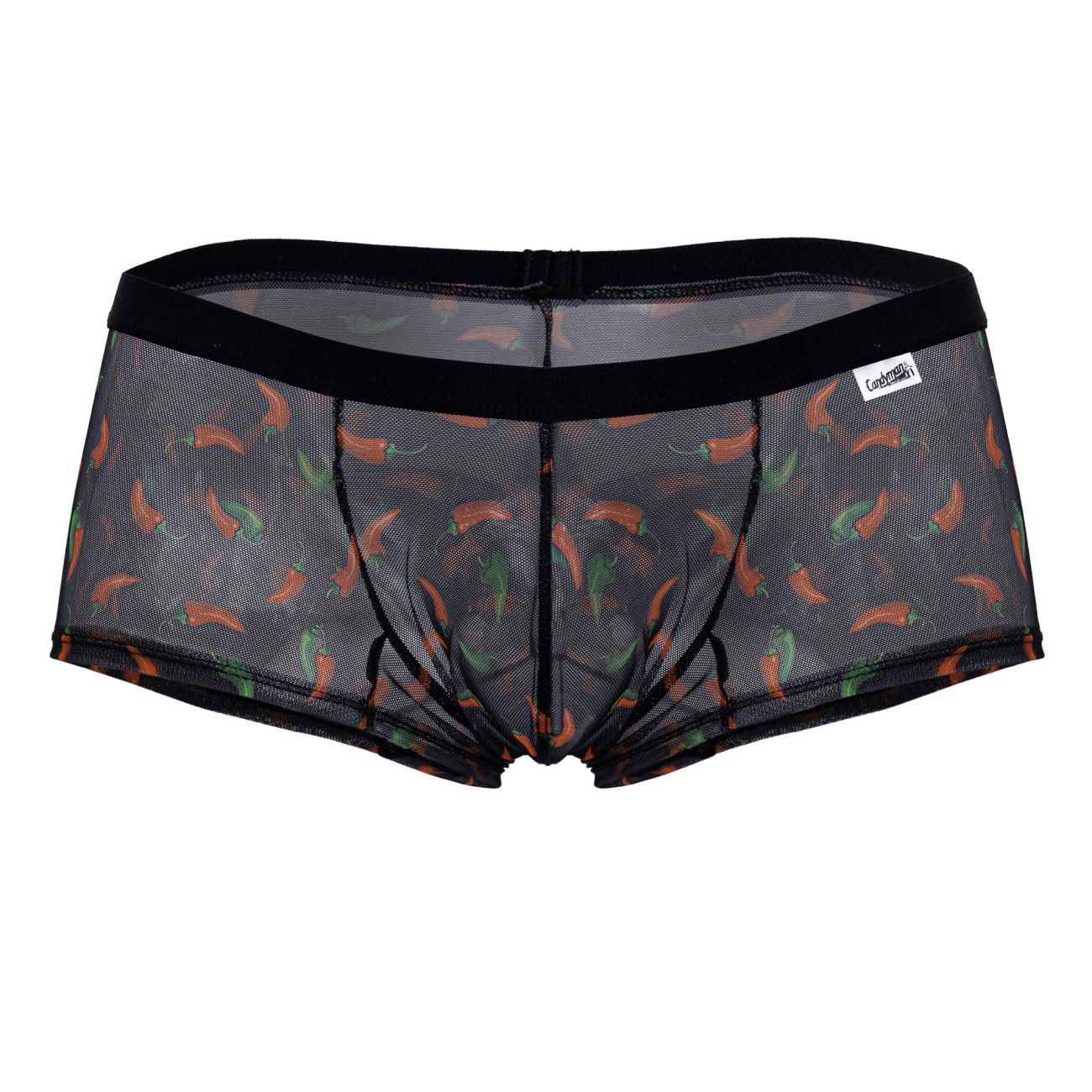 Black mesh CandyMan 99873 chili pepper trunks with orange and green chili pepper print briefs front view