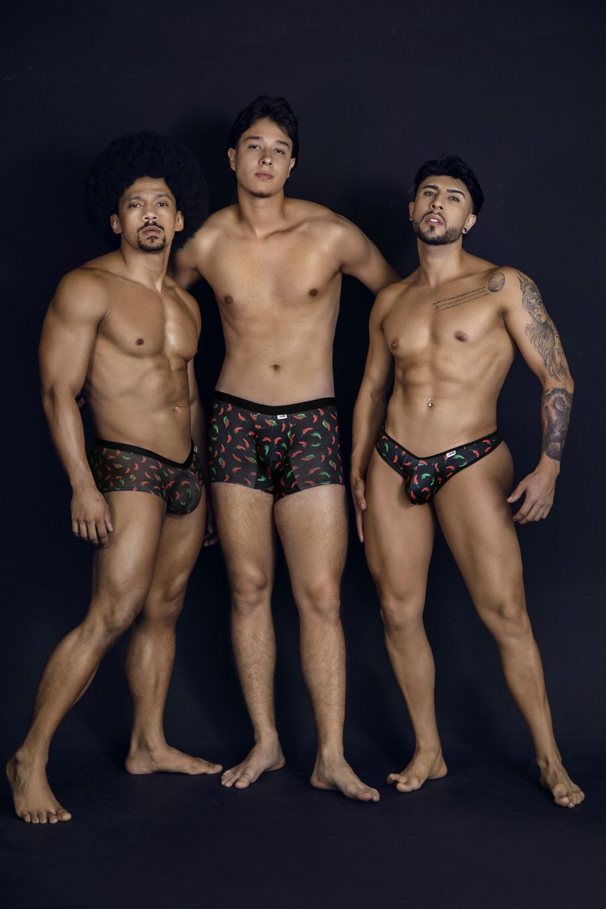 Black CandyMan 99873 chili pepper trunks briefs with vibrant colorful geometric print and comfortable fabric design