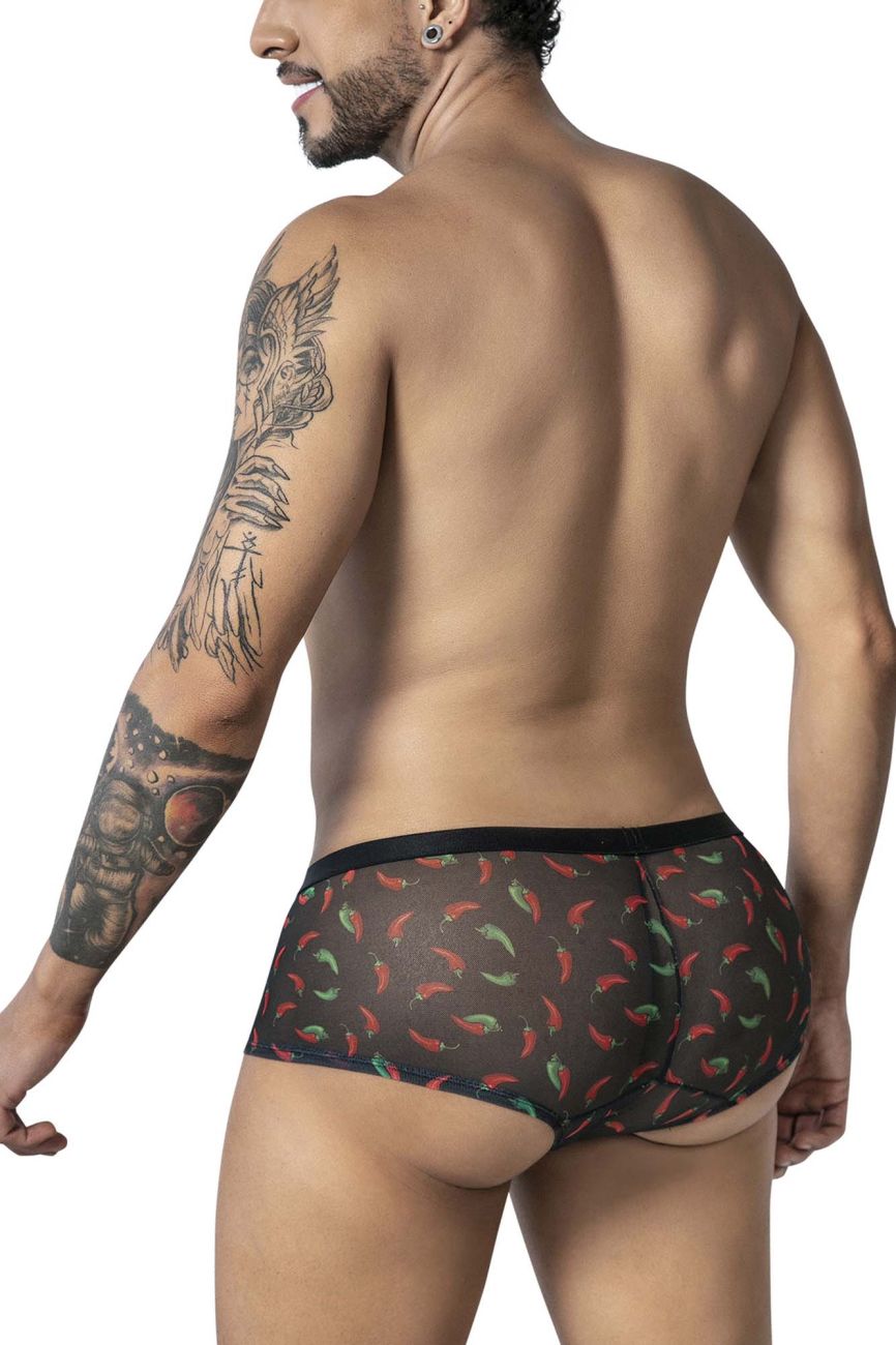 Black mesh CandyMan 99873 chili pepper trunks featuring a vibrant red and green chili pepper print