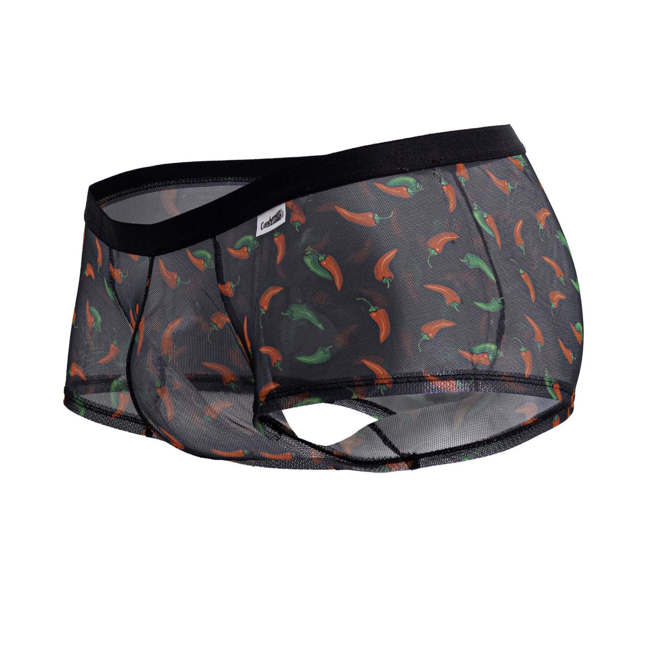 Black mesh CandyMan 99873 chili pepper trunks featuring a playful orange and green chili pepper print