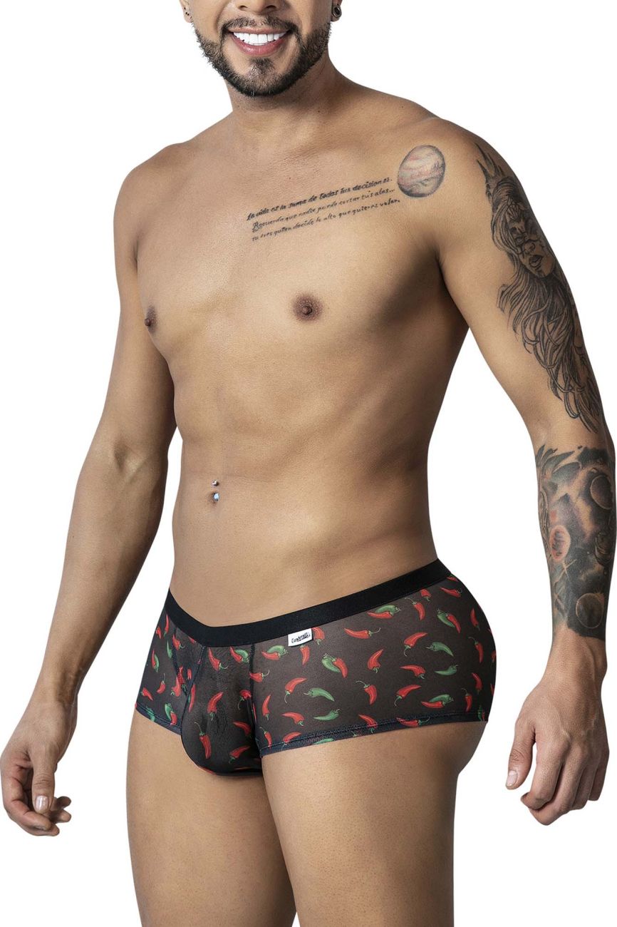 Black CandyMan 99873 chili pepper trunks with red and green chili print on sheer fabric briefs front view