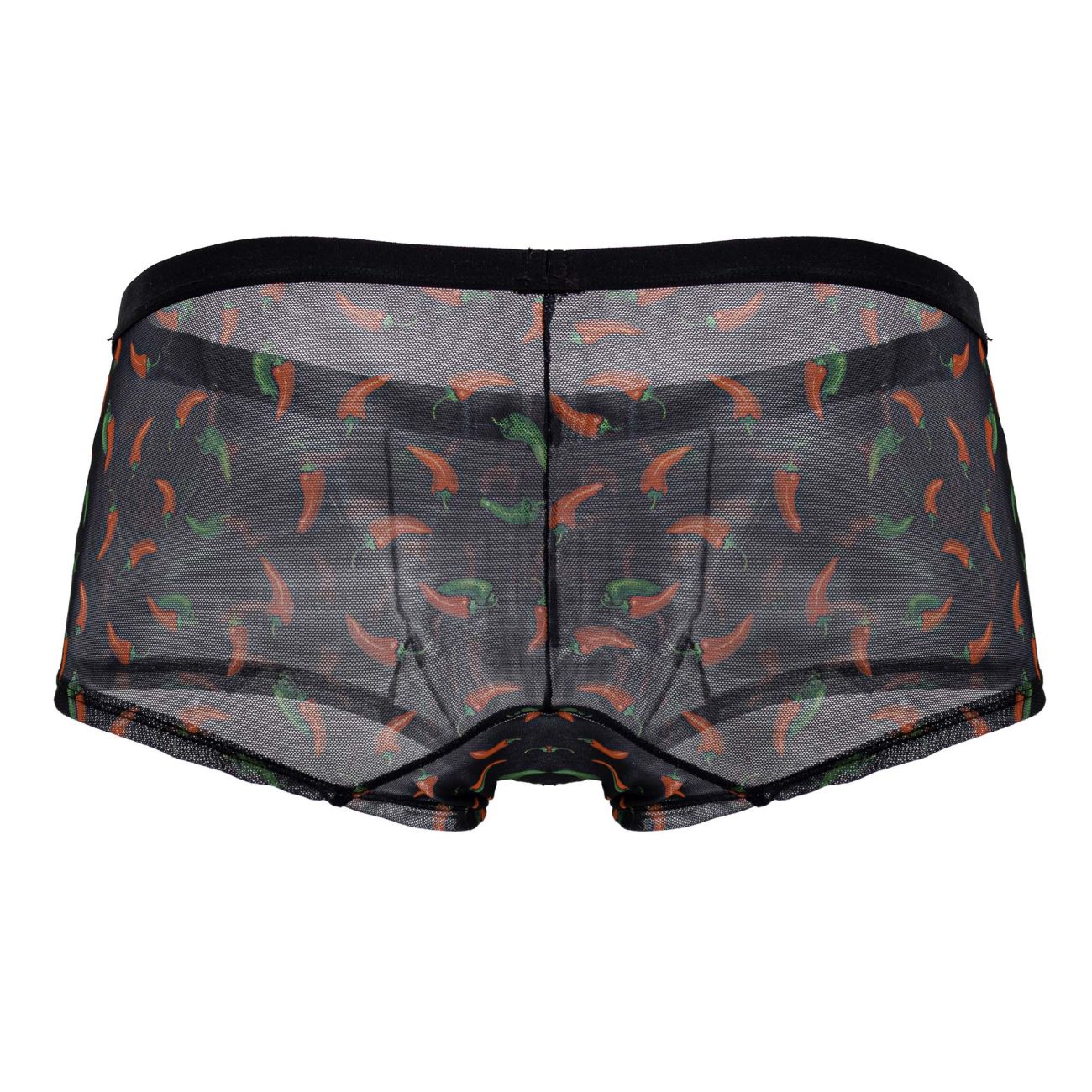 Black mesh candy man 99873 chili pepper trunks featuring a playful orange and green chili pepper pattern