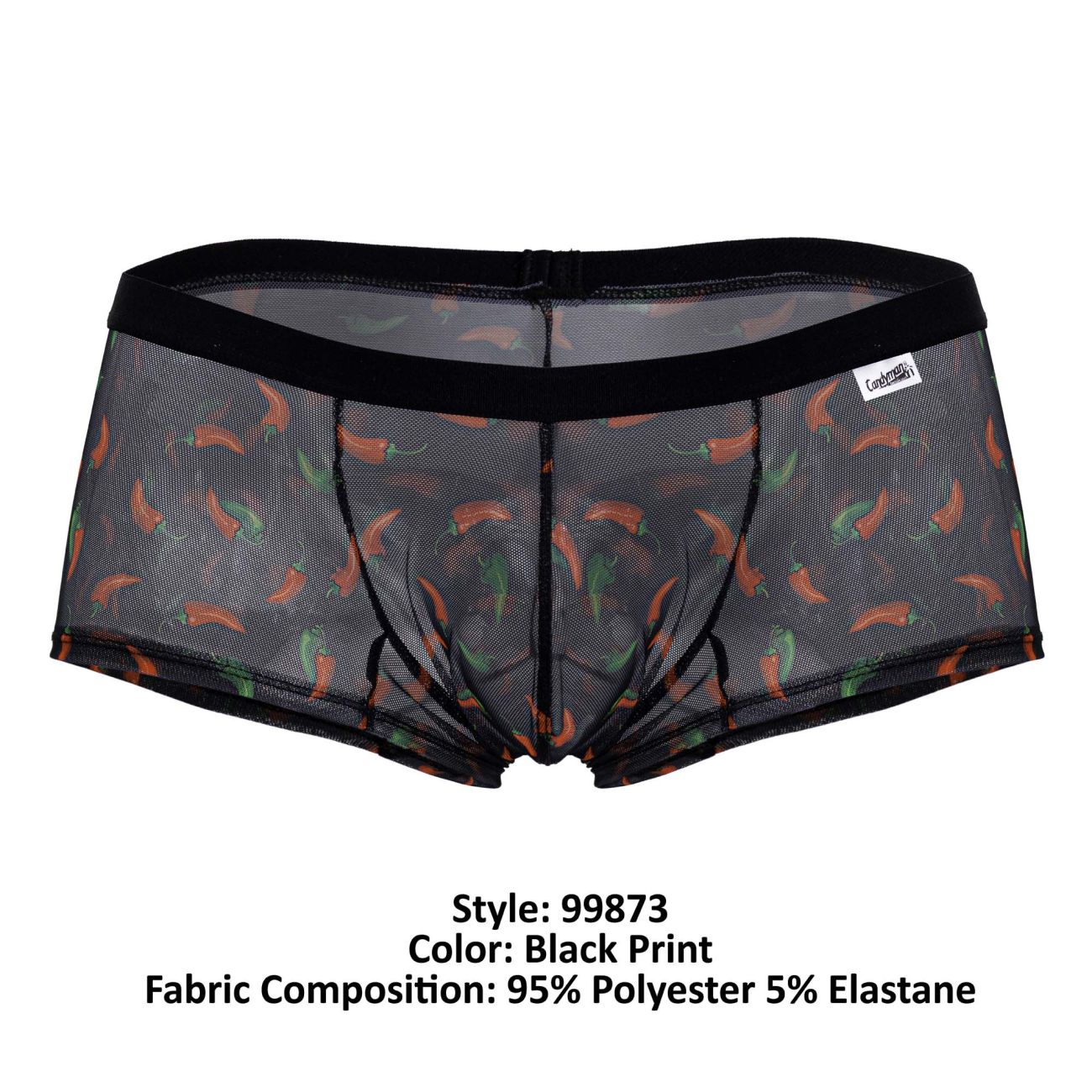 Black mesh CandyMan 99873 chili pepper trunks featuring vibrant orange and green chili pepper print