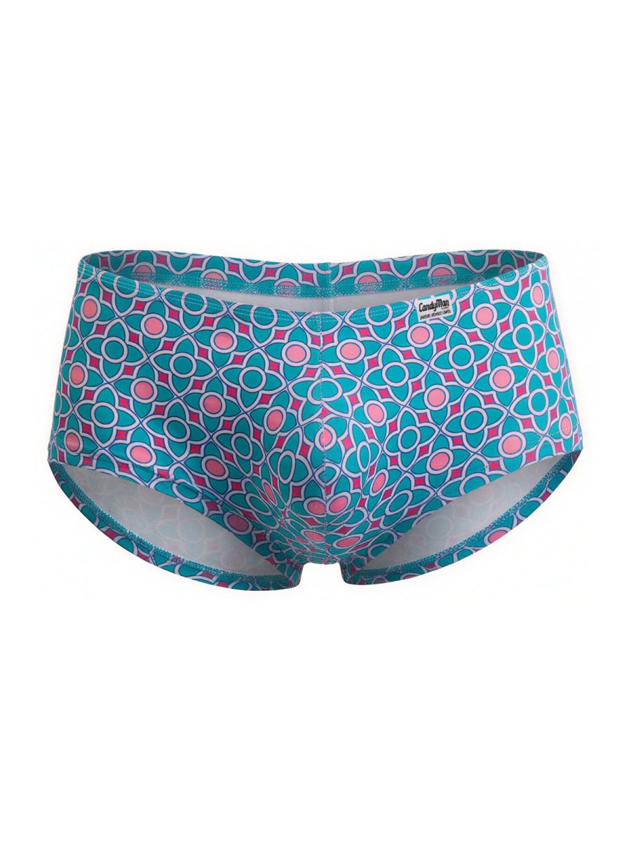 Women’s briefs candy man 99922 trunks in teal and pink geometric print with white trim and blue base color