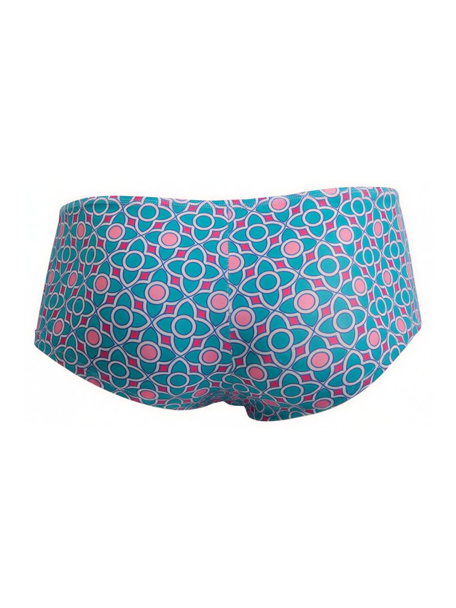 Teal and pink geometric patterned swim trunks with white outlines candyMan 99922 trunks color printed blue