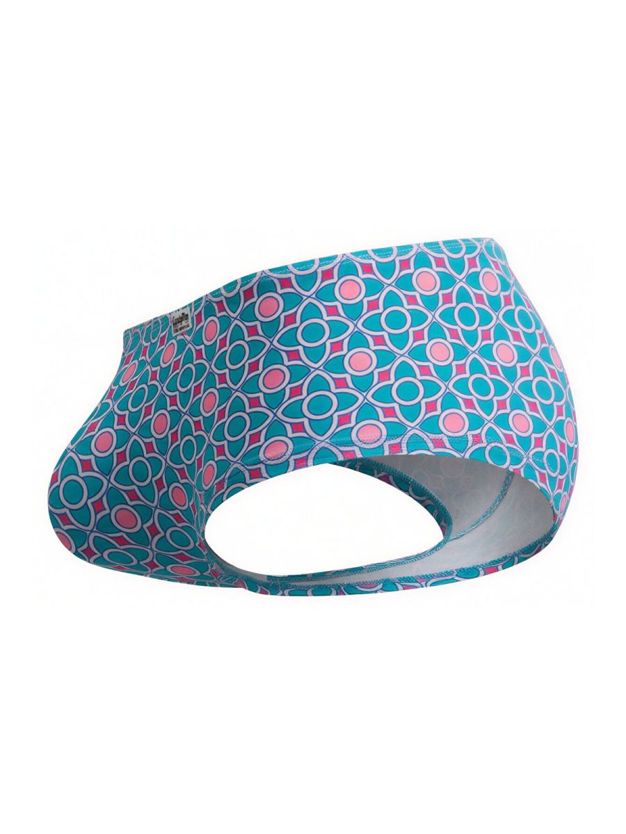 Candyman 99922 trunks color printed blue men’s briefs with teal and pink geometric pattern and white outline design